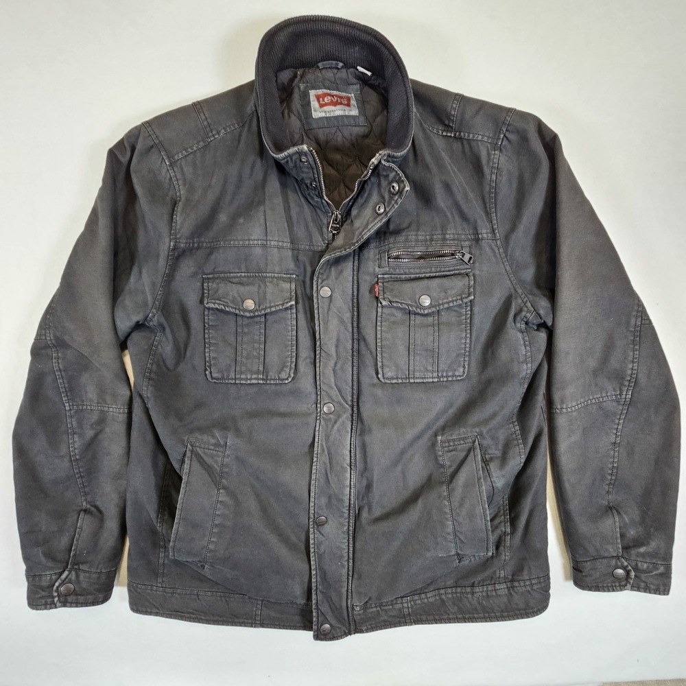 Levis Jacket Mens XL Military Trucker Black Quilted Button Lined Stand Up Coller